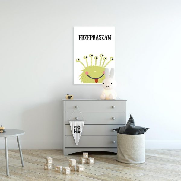 plakat z napisem i potworkiem do pokoju dziecka