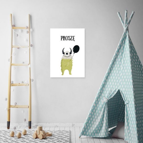 plakat z potworkiem i napisem proszę na ścianę do pokoju dziecka
