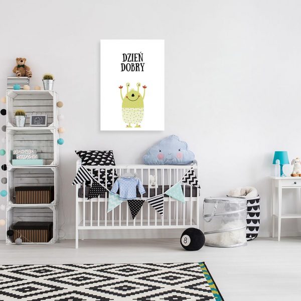 plakat z uroczym potworkiem i napisem dzień dobry