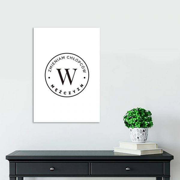 plakat do salonu barberskiego z napisem Zmieniam chłopców w mężczyzn