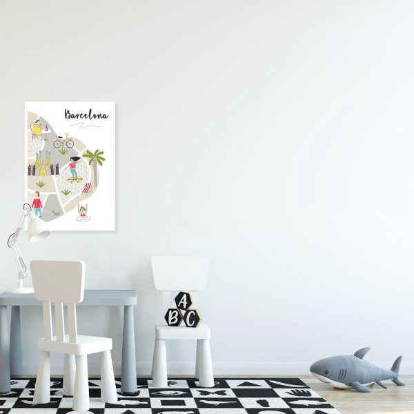 plakat z napisem barcelona i kolorowymi elementami do pokoju dziecka