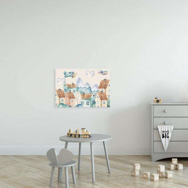 obraz z motywem kolorowych samolotów nad miastem dla dziecka