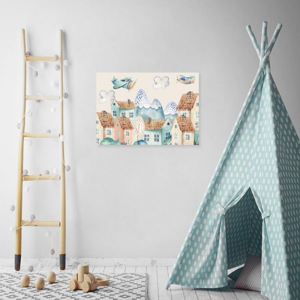 obraz bajkowy z domkami i samolotami dla dziecka