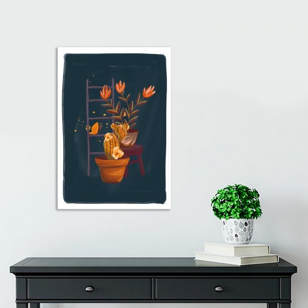 Plakat ciemnoniebieski z roślinami