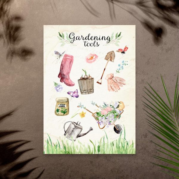 plakat vintage kwiaty i przybory ogrodowe