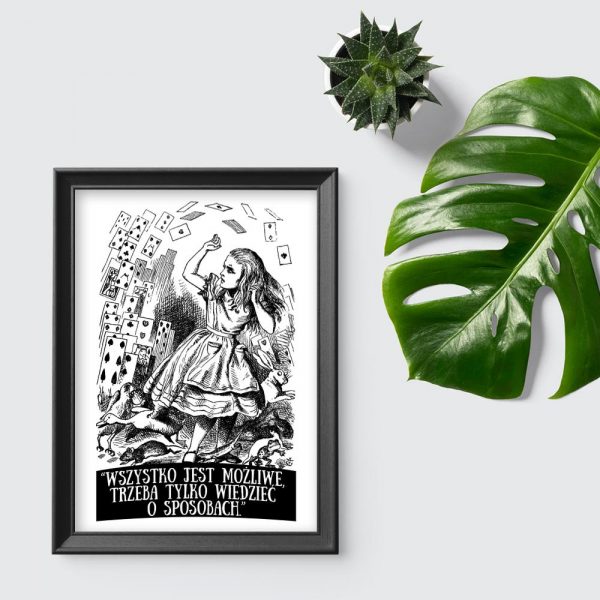 czarno-biały plakat z alicją w krainie czarów