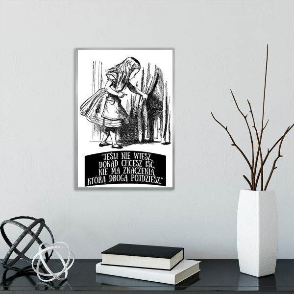 czarno-biały plakat z alicją w krainie czarów