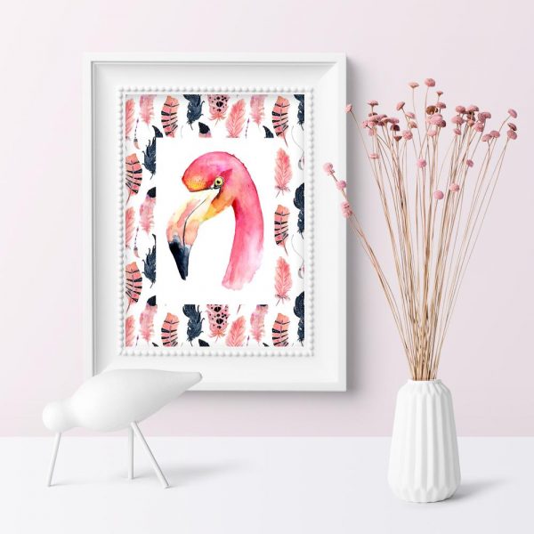 plakat z motywem piórek i flaminga