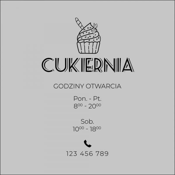 folia na witrynę cukierni z godzinami otwarcia