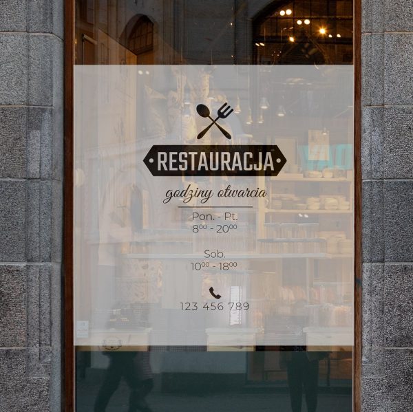 okleina na okno do restauracji z godzinami otwarcia