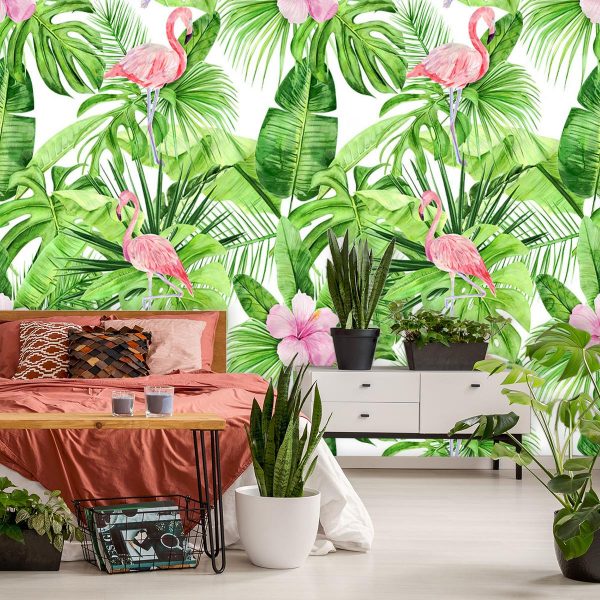 Foto-tapeta z hibiskusem, monsterą i flamingami