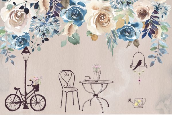 fototapeta z niebieskimi i kremowymi różami