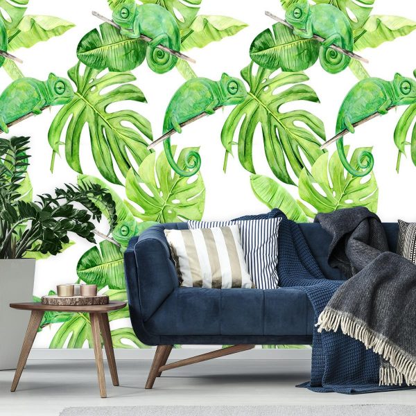 tropikalne liście na zielonej fototapecie