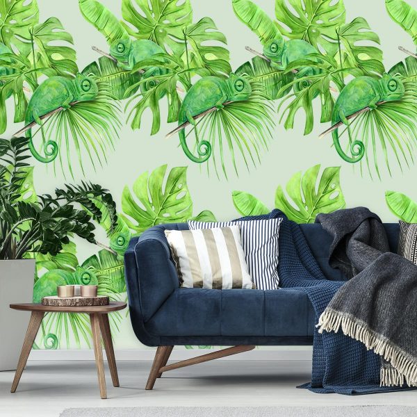 Kameleony i tropikalne liście na tapecie