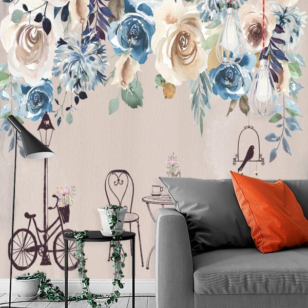 fototapeta przedstawiająca stolik, latarnie i rower