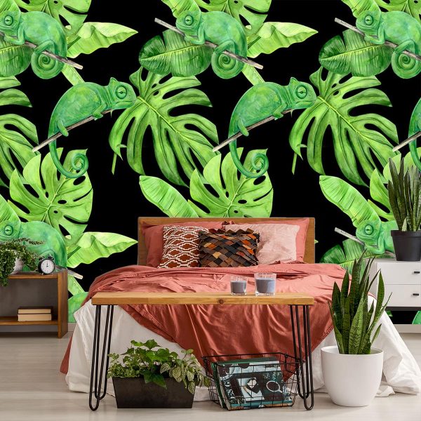 tapeta z kameleonami na liściach