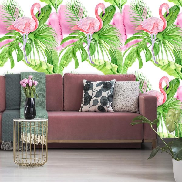 Flamingi i tropikalne liście na tapecie