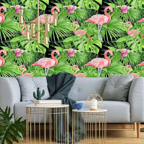 monstera i flaming na tapecie