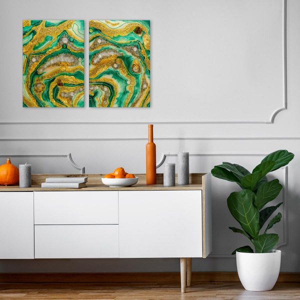 Dyptyk do pokoju z z żółto zieloną abstrakcją i kamieniami