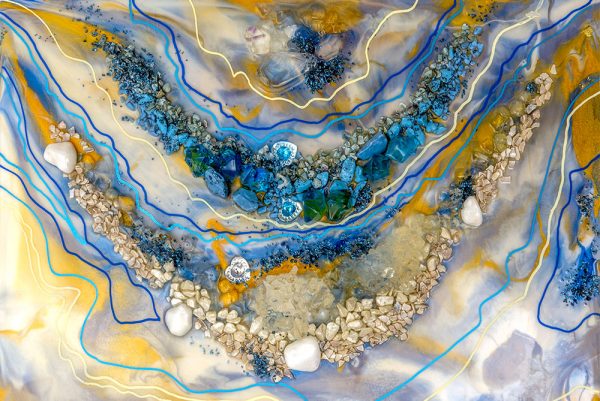 fototapeta kompozycja malarska żywicą niebieski pomarańczowy kamienie abstrakcja