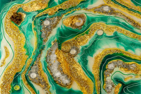 Obraz z żółto zieloną abstrakcją i kamieniami