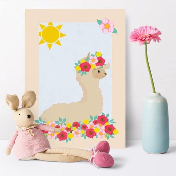 Plakat dziecięcy z motywem lamy na słońcu