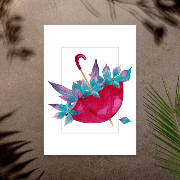 plakat z liśćmi i parasolką na ścianę korytarza