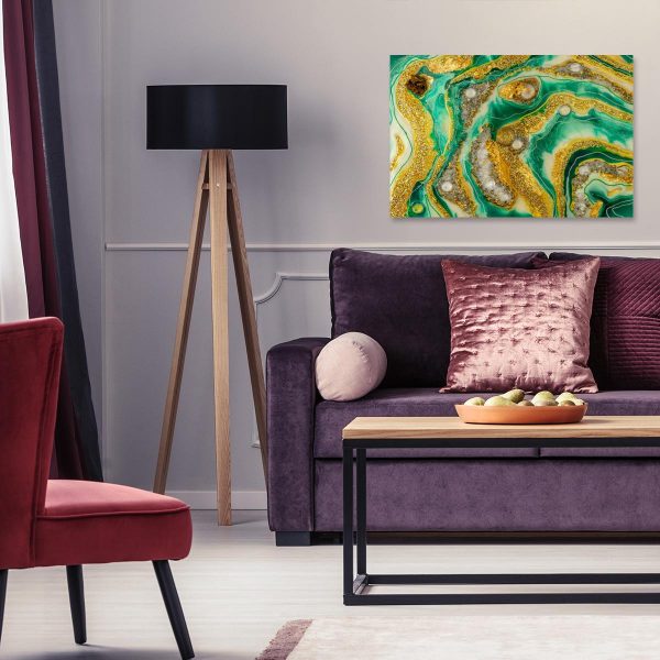 Obraz z abstrakcją żółto zieloną ze złotem geode style