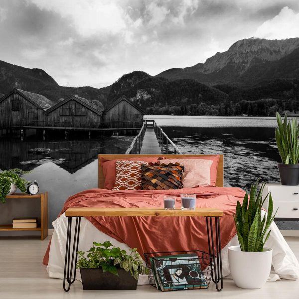 Tapeta z domkami na jeziorze do sypialni