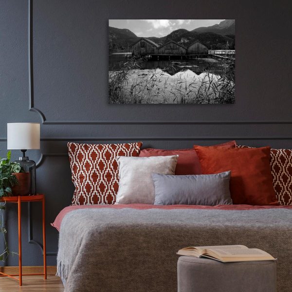 Obraz z domkami na jeziorze do sypialni