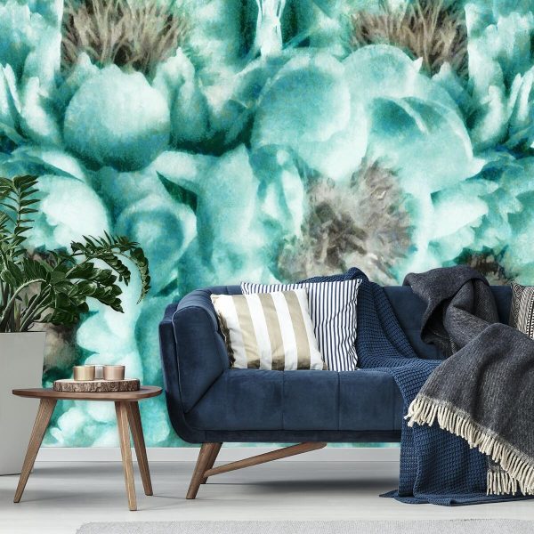 Tapeta z turkusowymi piwoniami do salonu