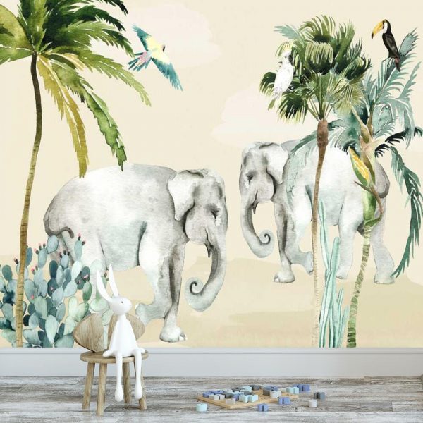 kaktus i palmy na barwnej fototapecie dla dzieci