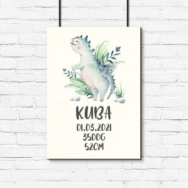 Metryczka z motywem dinozaura dla dziecka