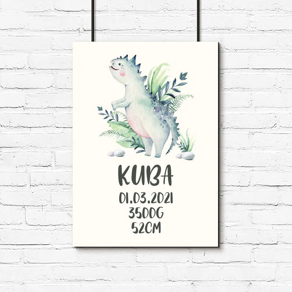Metryczka z motywem dinozaura dla dziecka