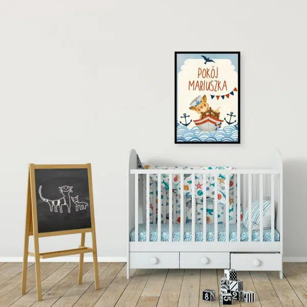 Niebieski plakat imienny do pokoju dziecinnego