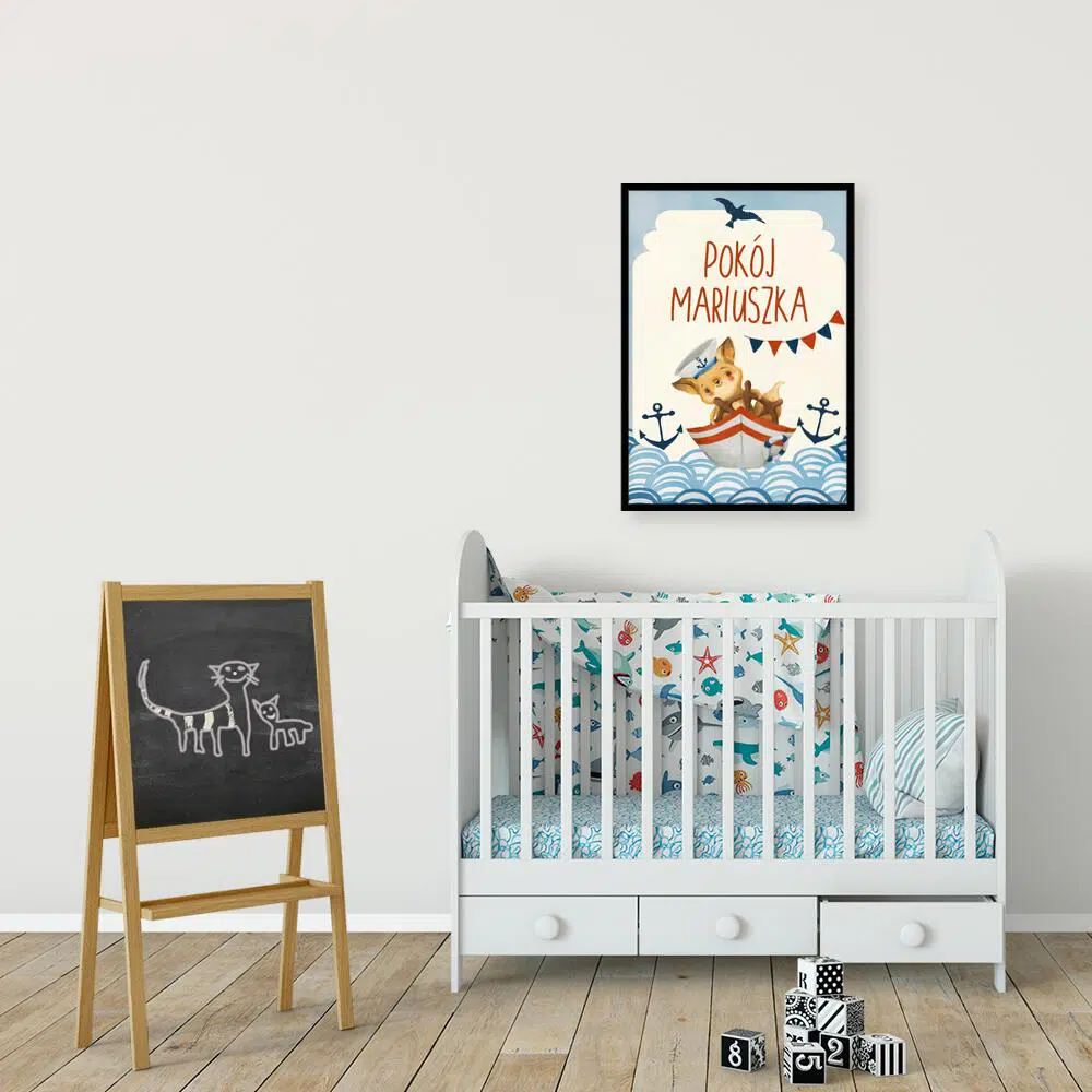 Niebieski plakat imienny do pokoju dziecinnego