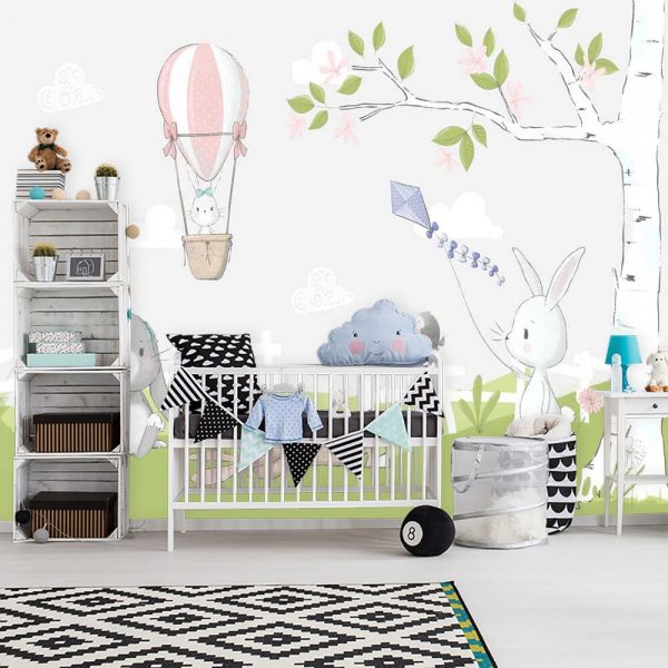 dziecięca fototapeta z motywem zajączków na łące