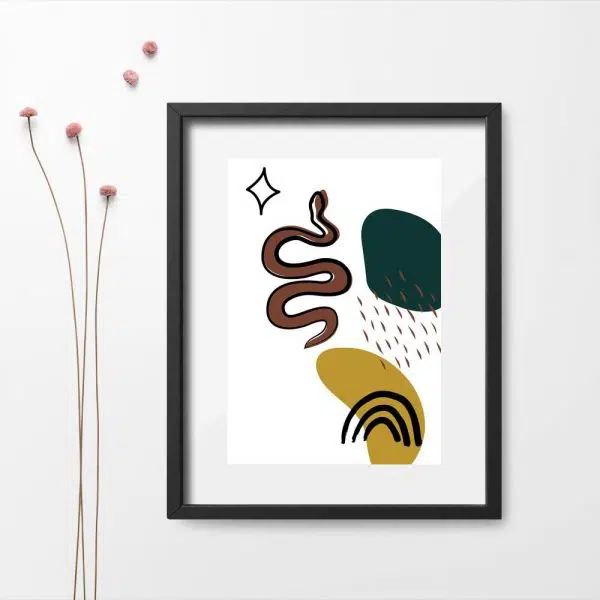 Plakat z wężem i abstrakcyjnymi plamami
