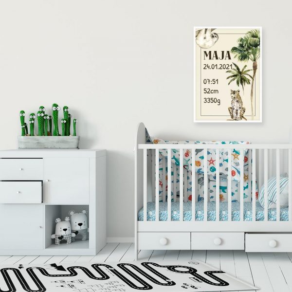 kolorowe zwierzaki na plakacie z metryczką