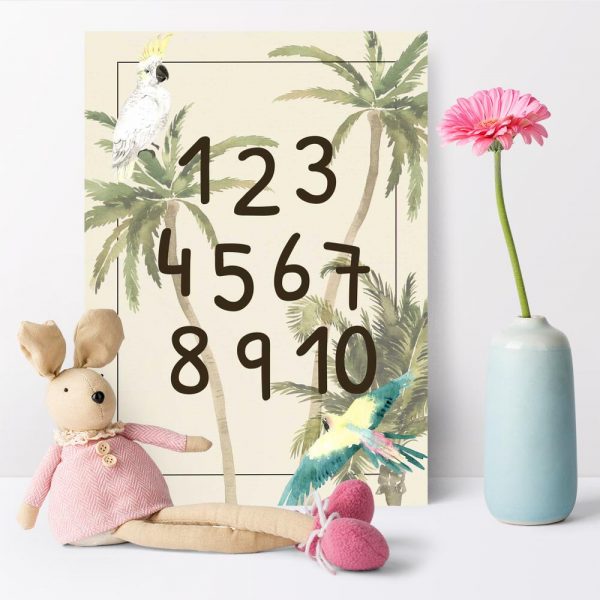 zielone palemki i papugi na plakacie do pokoju dziecka