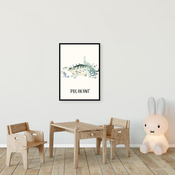 Plakat edukacyjny z dinozaurem i paprocią