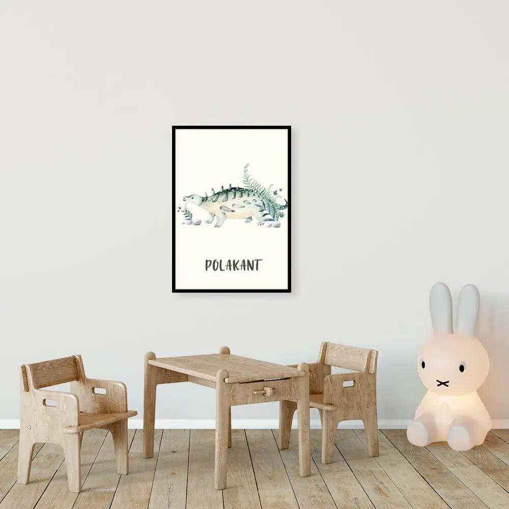 Plakat edukacyjny z dinozaurem i paprocią