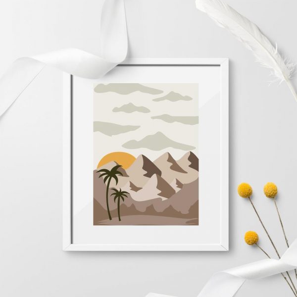 Plakat z zachodem słońca nad oazą