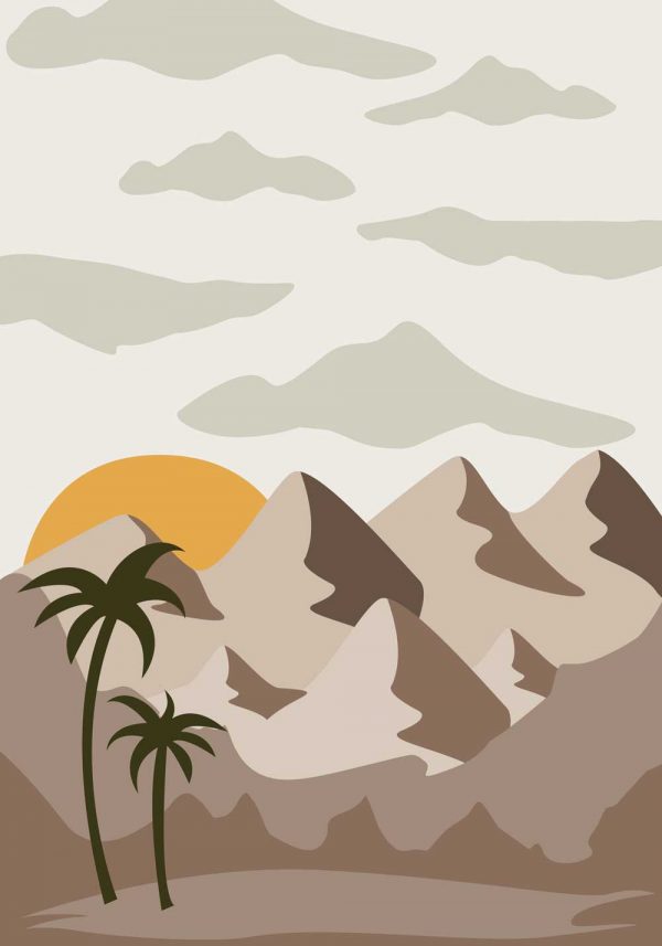 Plakat widok na oazę o zachodzie słońca