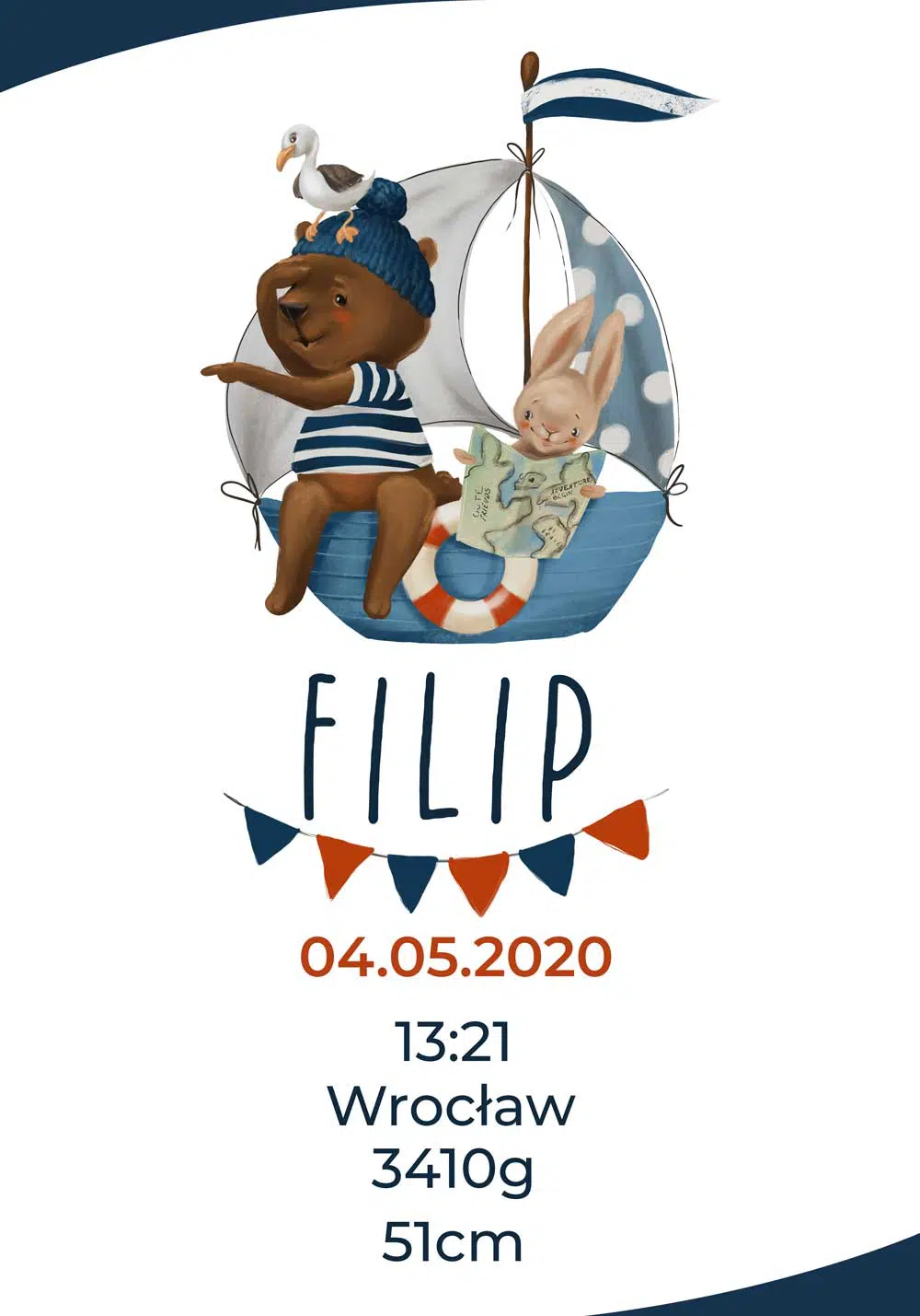 Niebieski plakat-metryczka dla chłopca - Miś