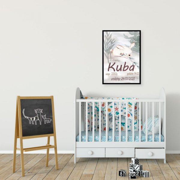 Plakat dla chłopca - Metryczka z królikiem