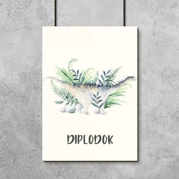 Dziecięcy plakat z niebieskim dinozaurem i roślinnością
