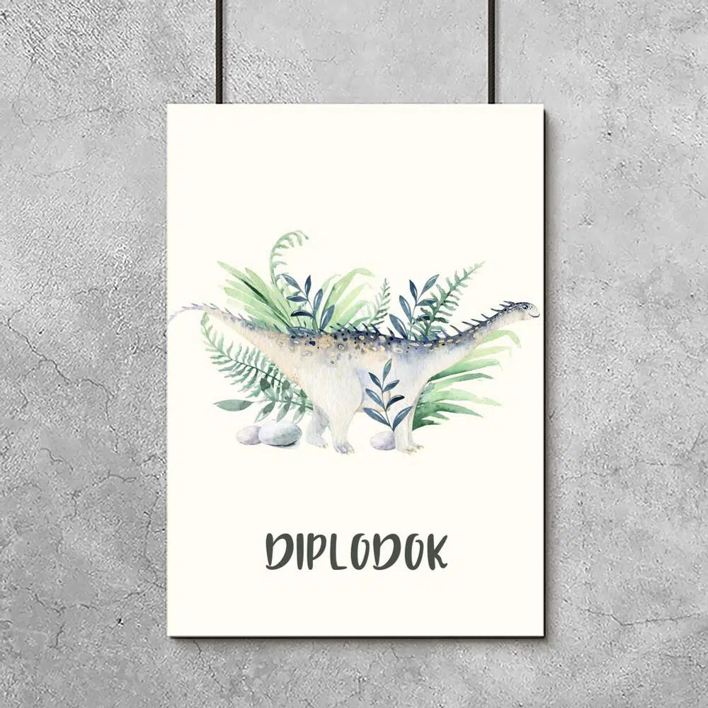 Dziecięcy plakat z niebieskim dinozaurem i roślinnością