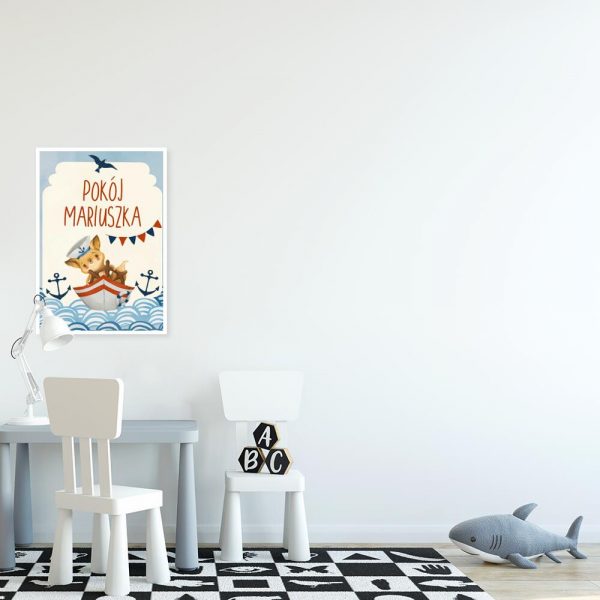 Niebieski plakat imienny z lisem