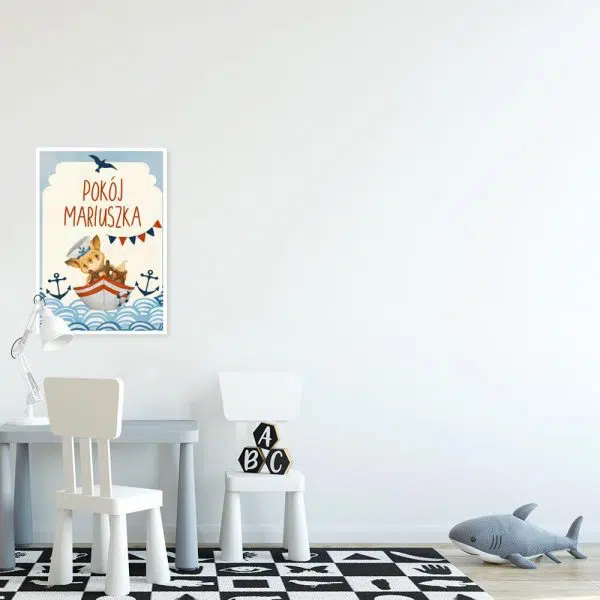 Niebieski plakat imienny z lisem